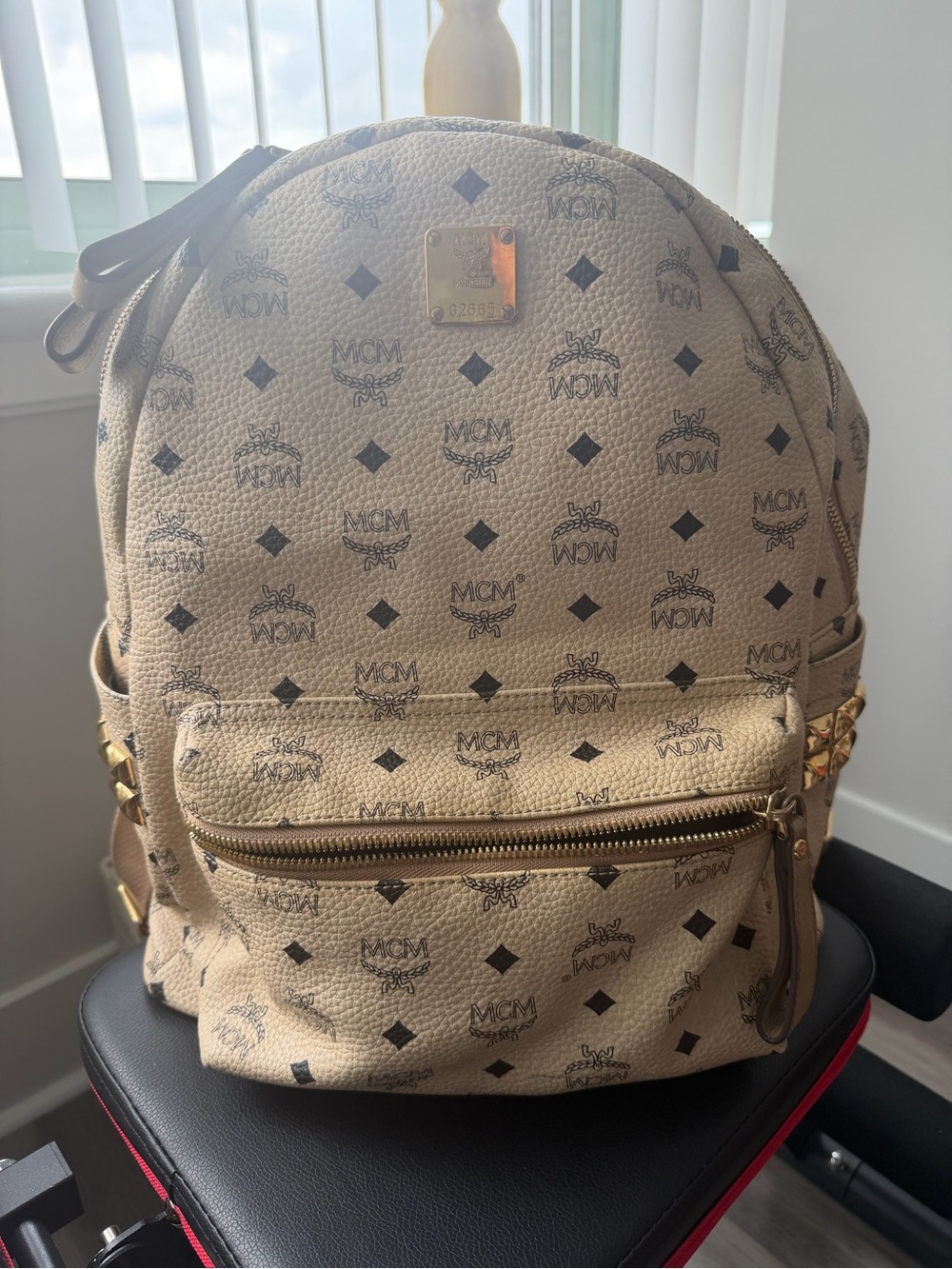 MCM Beige Monogram Backpack with Gold Hardware